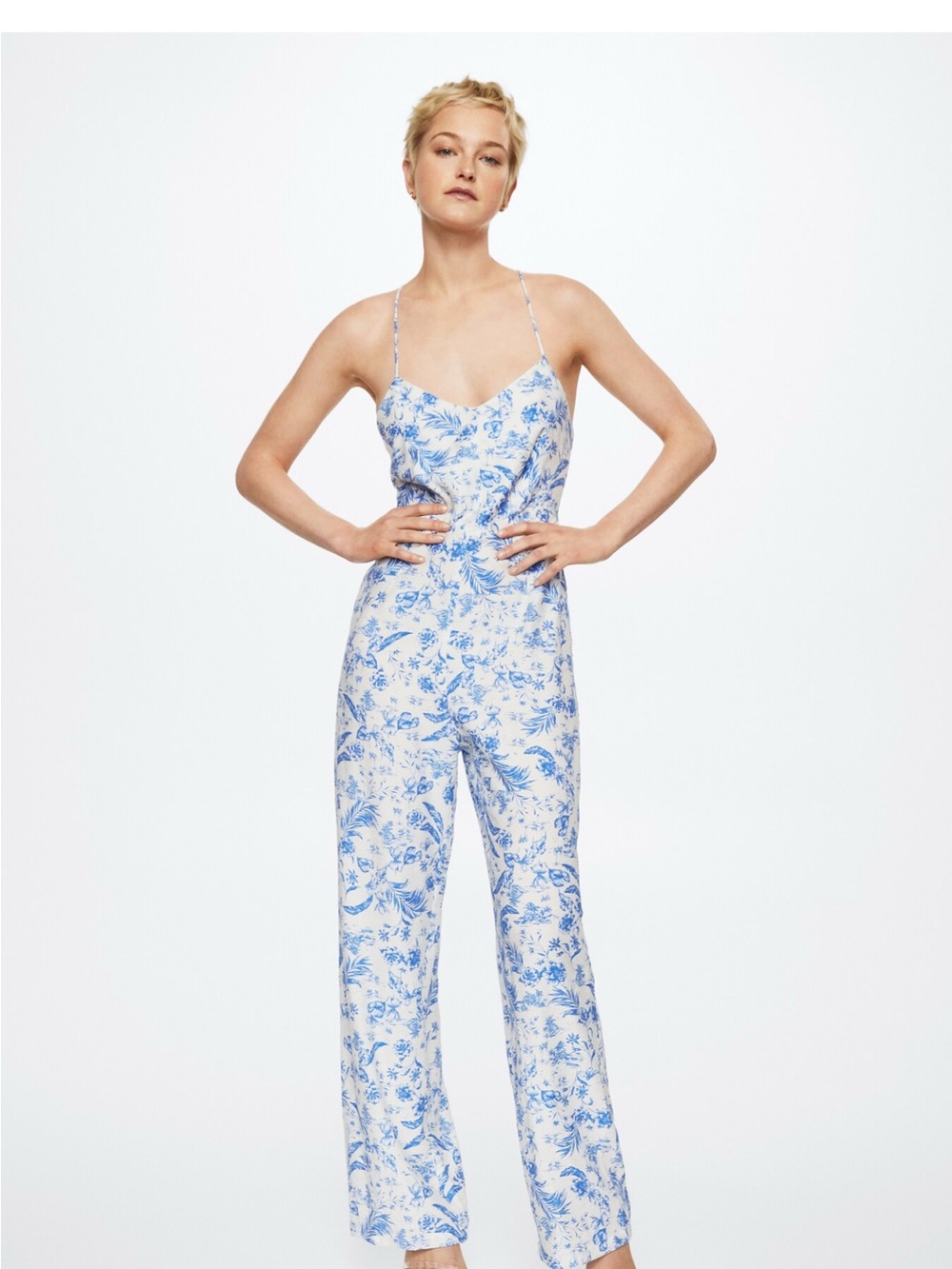 Mango White Jumpsuit with Blue Floral Print